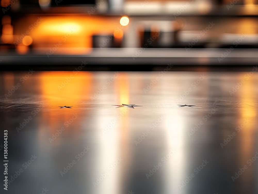 Poster Detailed star pattern on polished metal plate illuminated by light source, creating subtle reflections while featuring available copy space on the left