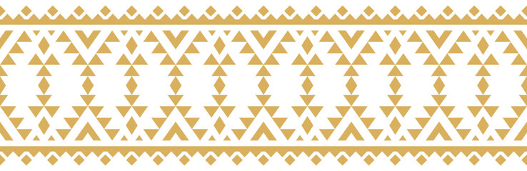 Obraz premium Gold ethnic border ornament. Geometric ethnic oriental seamless pattern. Stripe vector illustration. Native American Mexican African Indian tribal. Design border, textile, fabric, clothing, carpet.