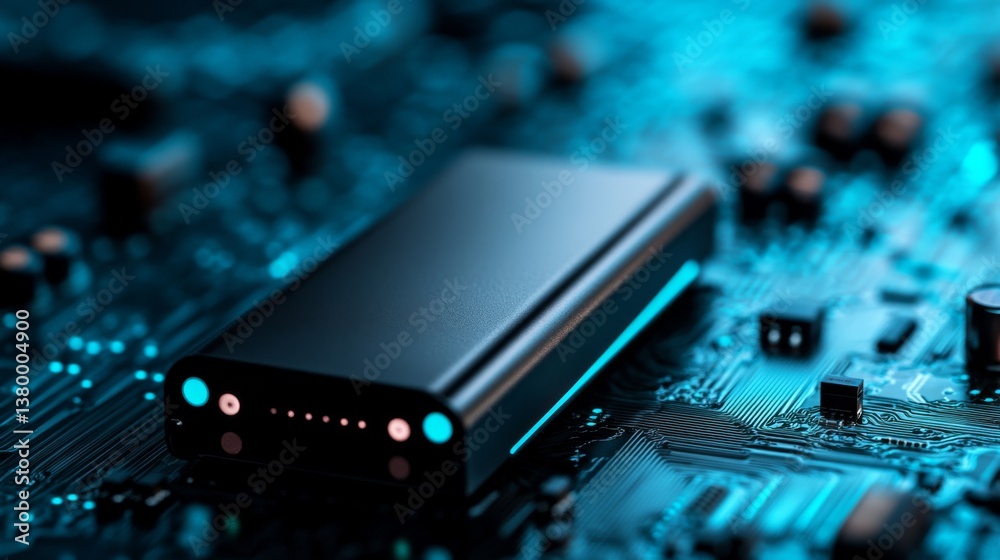 Aufkleber a luminous computer hard drive emits neon blue light and subtle pink reflections on its surface, sur