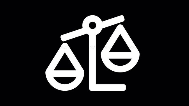 Icon balance scale left is distorted. Glitch. Noise, chromatic aberration, geometric distortion. Transparent background, looped. In-Out looped. Alpha BW at the end