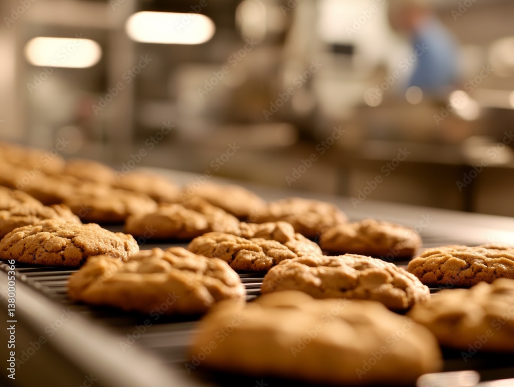 Poster a single row of freshly baked cookies moves along a conveyor belt, highlighting the efficiency of ma