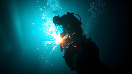 Underwater construction: a skilled diver welding a pipeline in deep sea environment