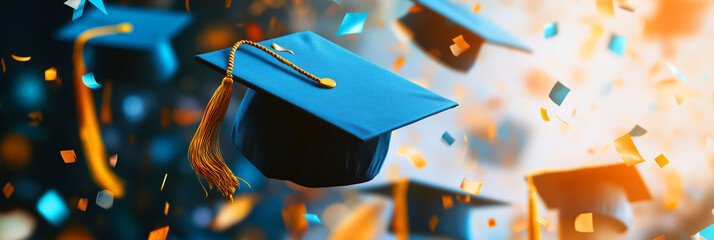 A blue and orange graduation cap is flying through the air. Concept of accomplishment and celebration as the cap symbolizes the end of a student's academic journey. 