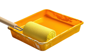 Bright yellow roller resting in a vibrant paint tray ready for creative home renovations