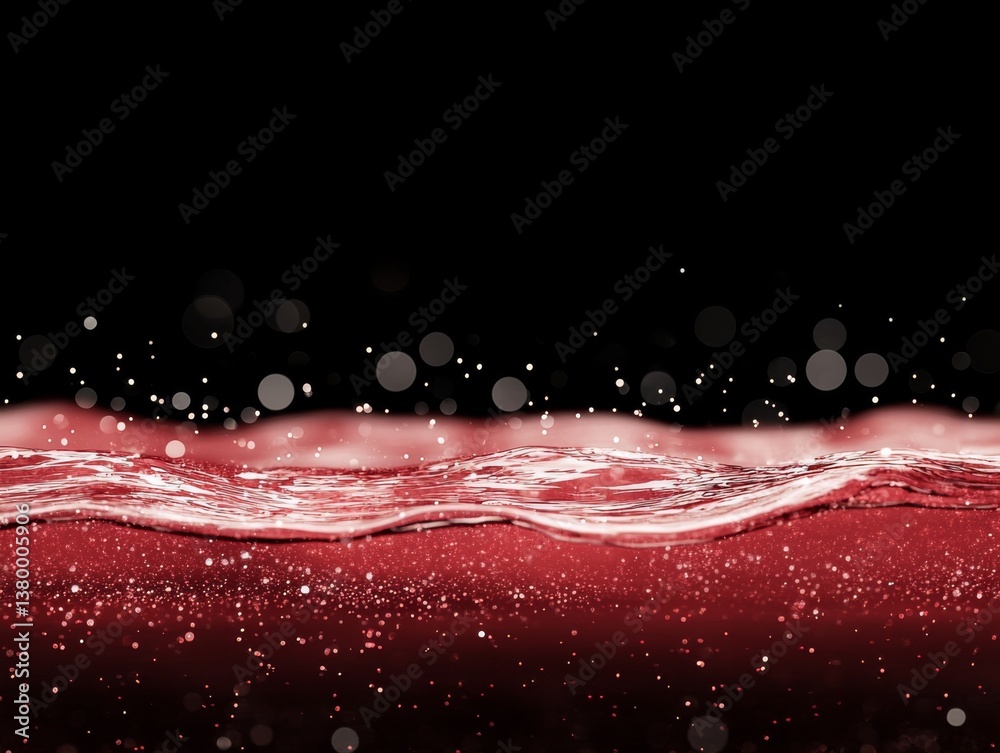 Aufkleber Close-up view of a wave filled with glimmering red particles against a dark background, featuring twinkling stars for a dynamic and futuristic ambiance