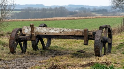 A weathered wooden cart resting in a green rural landscape setting