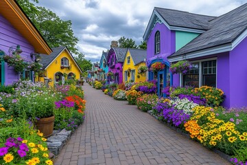 A row of charming Victorian-style homes in Cape May, decorated with bright flower boxes