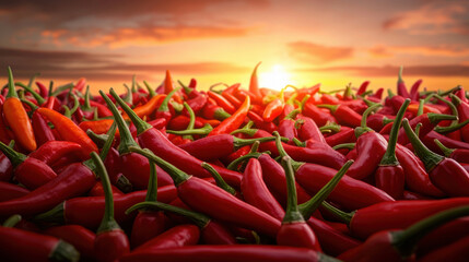 Vibrant red chili peppers in a field with a stunning sunset backdrop.