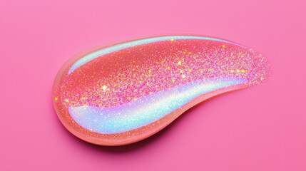 Fototapeta premium Vibrant pink glitter blob with shimmering iridescent hues on a pastel background.