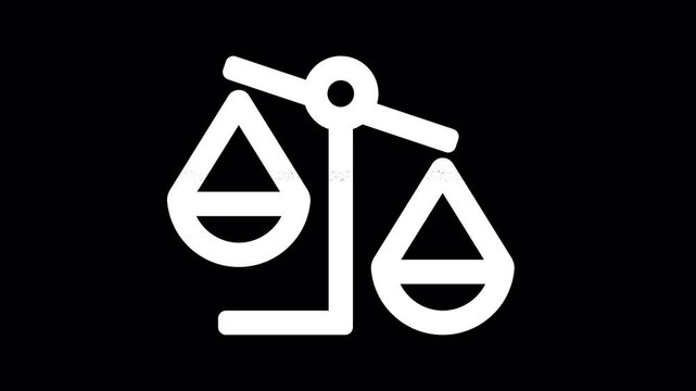 Icon balance scale right is distorted. Glitch. Noise, chromatic aberration, geometric distortion. Transparent background, looped. In-Out looped. Alpha BW at the end