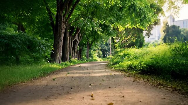 Serene Pathway Through Lush Green Trees in a Sunlit Park Scene