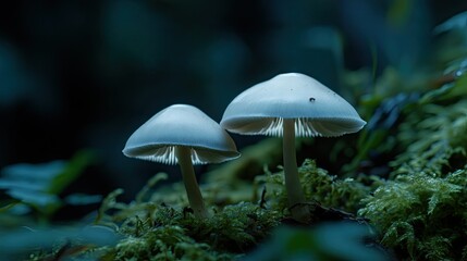 Fototapeta premium Two small glowing mushrooms grow in a mossy woodland setting