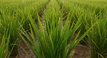 Obraz premium Beautiful close-up of growing green rice plants in a field after a gentle rain.
