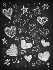 Handwritten chalk doodles of hearts and stars on a chalkboard background capturing a playful and creative atmosphere in a classroom or art space