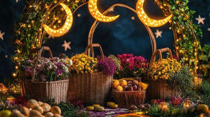 Obraz premium A creative setup of crescent moon lights forming arches over vibrant picnic baskets overflowing with flowers