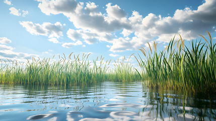 Obraz premium grass, sky, green, nature, field, summer, blue, meadow, spring, plant, landscape, agriculture, water, cloud, wheat, clouds, lawn, sun, environment, fresh, farm, rural, day, season, rice