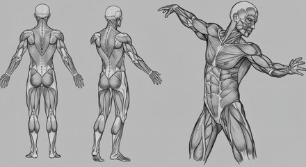 Detailed Anatomical Illustration of Human Muscular System Posterior, Anterior, and Lateral Views