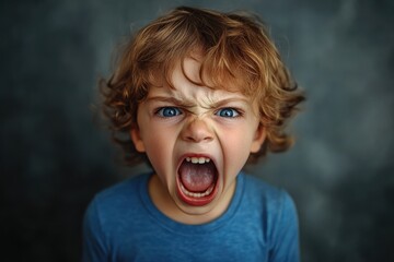 Blond curly haired boy yelling with an angry, intense expression on dark background. Ideal for illustrating tantrums, strong emotions, and childhood frustrations.