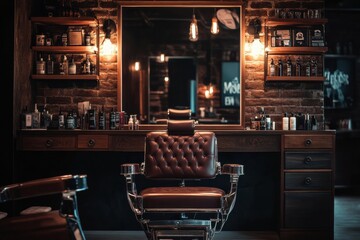 Classic barbershop interior featuring leather chair and vintage mirror in moody lighting creates a masculine atmosphere for grooming