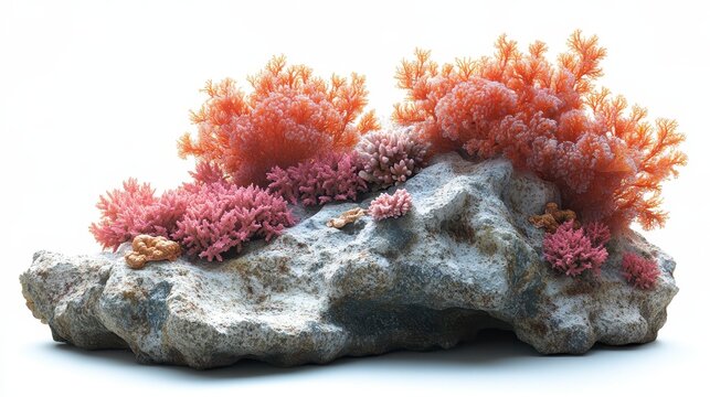 Coral on rock. Vibrant, textured coral cluster atop a rough, gray rock formation, isolated against a white backdrop