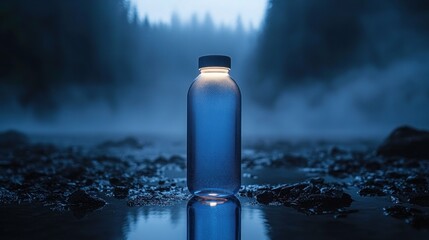 Illuminated bottle in misty forest