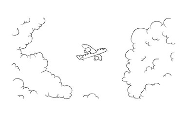 Sketch Style Plane Travel Route Around Clouds