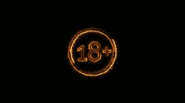 18-plus fire sign on a dark background. Animate the 18 plus sign to make the background transparent in the image overlay mode.