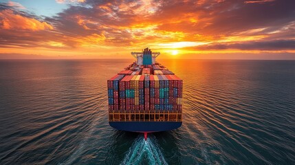 Container ship glides through open sea, bathed in sunset glow, embodying tranquility and vast horizons. © wang