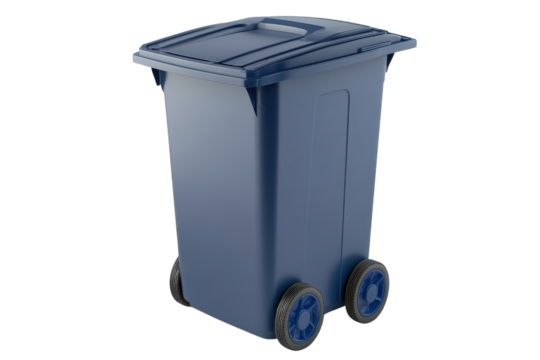 A sturdy blue trash bin on wheels ready for waste collection in a clean, modern home setting