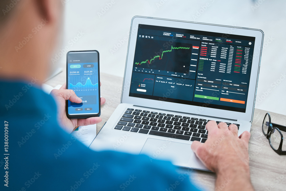 Poster Man, smartphone and laptop or trader on stock market, fintech and analyse growth graphs for investment. Investor, blockchain and statistics or currency conversion, financial app and business screen