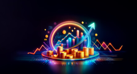 Vibrant neon graphs and golden stacks on a dark backdrop depict financial growth and market trends with colorful illumination.