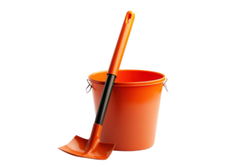 Bright orange bucket and shovel ready for garden adventure on a sunny day
