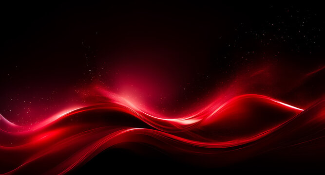 A digitally rendered image shows vibrant red waves flowing across a dark black background, illuminated with bright highlights and soft shadows creating a sense of movement.