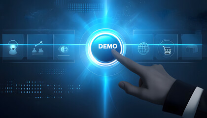 businessman pushing a button on a touch screen interface, Futuristic Hand Reaching For Luminous DEMO Button