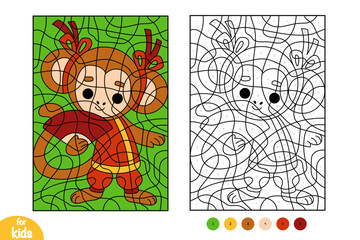 Color by number, education game for kids, Chinese new year character monkey and fans