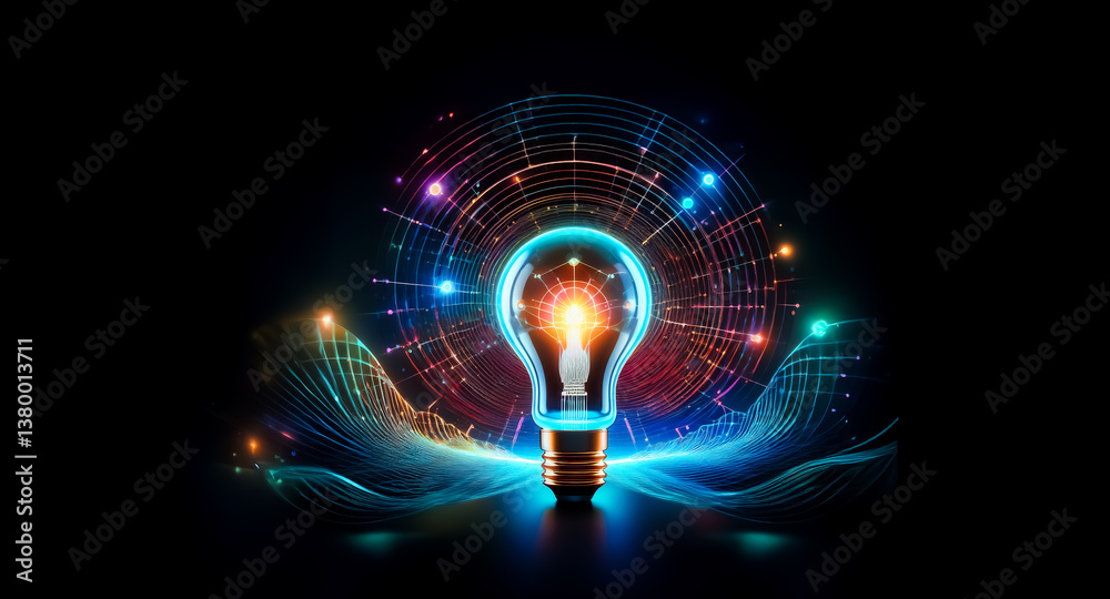 Canvas Prints illuminated light bulb with glowing digital energy waves and abstract colourful circles on a dark ba