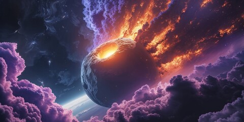 Fiery Comet Approaching Earth in a Dark Cosmic Background