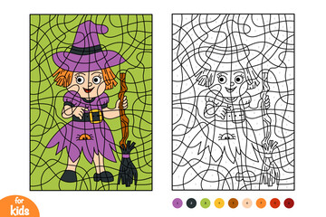 Color by number, education game for kids, cute Halloween character Witch and spider