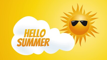Sun with sunglasses and hello summer text on a yellow background in cartoon style. Animated video - Powered by Adobe