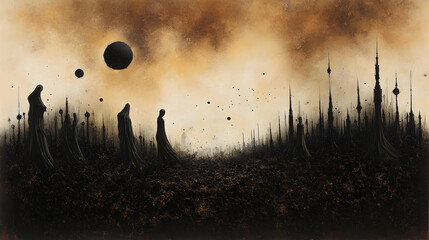 Silhouette Figures in a Brown and Gold Cosmic Cityscape
