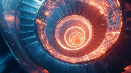 Surreal never ending staircase spiral upwards each step glowing innovative idea solution scene filled holographic element intricate pattern hyper realistic lighting emphasizing growth inspiration