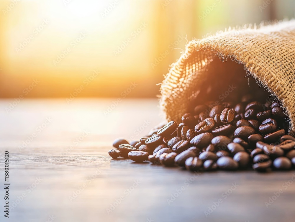 Poster roasted coffee beans cascade from a rustic burlap sack, their deep brown tones illuminated by warm l