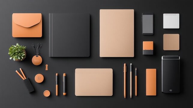 Assorted stationery items on a black surface