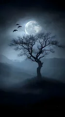 Gordijnen Silhouette of a Bare Tree Under a Full Moon in a Dark Landscape © sri
