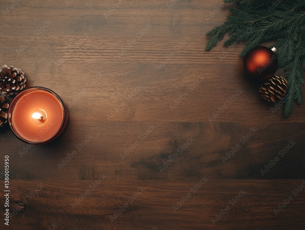Poster overhead shot of a rustic wooden table showcasing a single red candle surrounded by pine cones and e