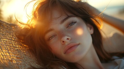 A tranquil close-up of a woman’s face as she reclines on a beach chair, her hair lifting in the breeze, glowing sun highlighting her cheekbones. Created Using: cinematic lens, shallow depth of field,