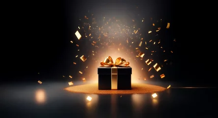 A dark gift box tied with a gold ribbon sits in a spotlight, with golden confetti or sparkles floating around it against a black background. © joeycheung