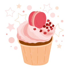Vector illustration of cupcake decorated with pink macaroon, designed in pastel color palette with stars on background