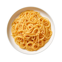 Top view of spaghetti in white plate isolated on transparent background.