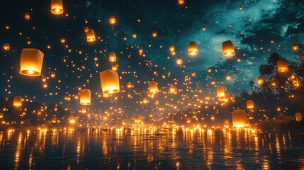 Fototapeta premium Lantern festival night sky illumination over tranquil water